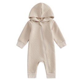 BemeyourBBs Newborn Baby Boy Girl Fall Winter Clothes Zipper Hooded Romper Cute Long Sleeve Jumpsuit Warm One Piece Outfit (Solid Beige, 9-12 Months)