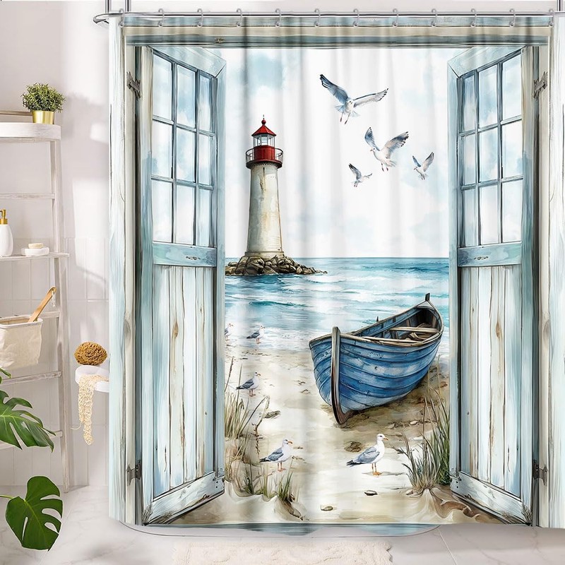 Coastal Beach Shower Curtain, Nautical Lighthouse Sailboat Ocean Seaside Seascape