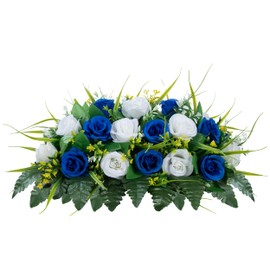 MOOMASS Cemetery Headstone Flower Saddle - Artificial Cemetery Flowers Rose, Grave Decoration，Non-Bleed Colors, and Easy Fit (Dark Blue+White, Saddle)