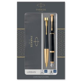 Parker Urban Duo Gift Set with Ballpoint Pen & Fountain Pen, Muted Black with Gold Trim, Blue Ink Refill & Cartridge, Gift Box