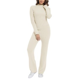 Women's 2 Piece Outfit Sweater Lounge Sets Long Sleeve Crop Tops Knit Pullover Wide Leg Pant Tracksuit Loungewear White S