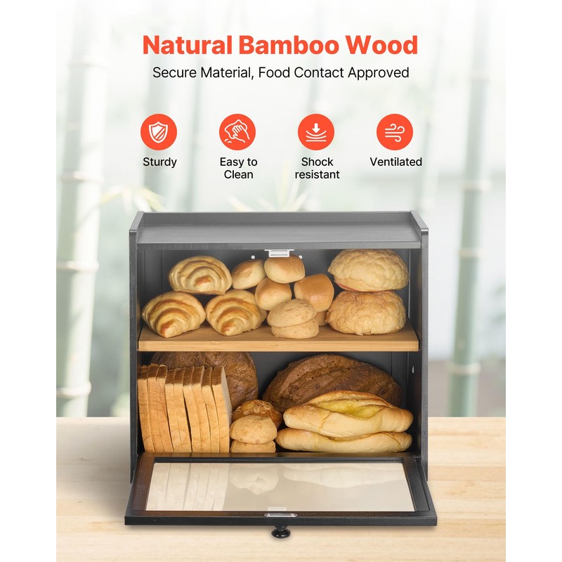 VEVOR Double Layer Bread Box for Kitchen Counter, Large Capacity