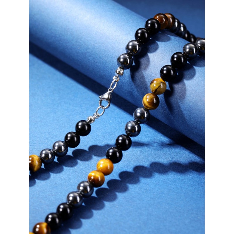 PiercingJak Men's Necklace Tiger's Eye Obsidian Hematite Gemstone Chain Men