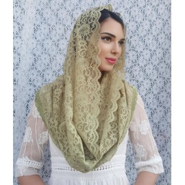 FANFAN Serene Sage Green Lace Infinity Chapel Veil | Mantilla for Catholic Weddings, Easter, Spring Sacraments & Holy Events | Church Veil for Women Y087 (Green)