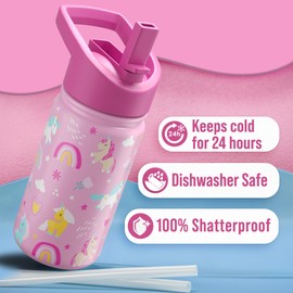 Klevly Stainless Steel 14 OZ Kids Water Bottle with Straw | BPA-Free Insulated Water Bottle with Leak-Proof Lid | Unicorn Kids Water Bottle for School