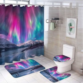 Dunmat 4 Pcs Colourful Northern Lights Shower Curtain Set with Rugs, Include Bathroom Non-Slip Floor Mat, U-Shaped Bath Rug and Toilet Cover Lid with 12 Hooks