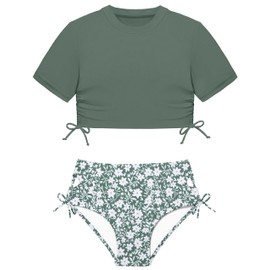 CRISONE Girls Swimsuits Short Sleeve Bathing Suit Solid 2 Piece Drawstring Bikini Set with Paddings 7-14T, Green+floral, 15-16 Years