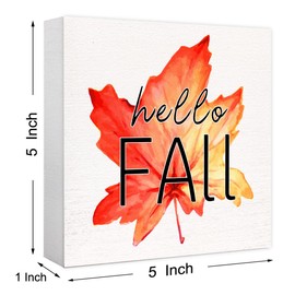 Funny Hello Fall Wood Box Sign Hello Autumn Maple Leaves Wooden Block Desk Decor for Home Office Kitchen Cubicle Table Shelf Tabletop,Farmhouse Fall Sign Decor