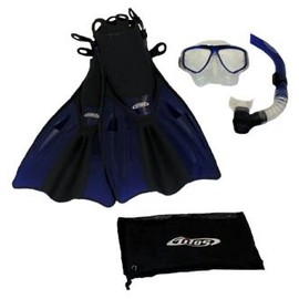 Tilos Silicone Mask, Purge Snorkel, Adjustable Open Heel Snorkeling Fins with Mesh Bag Set, Blue, S/M