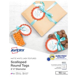 Avery Printable Blank Scallop Round Gift Tags with Sure Feed, 2.5" Diameter, Textured White, 90 Customizable Tags (80511)