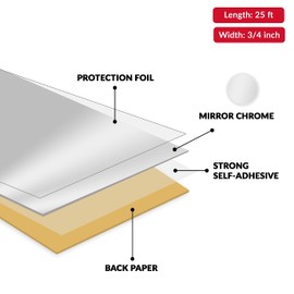 Mirror Chrome PVC 3/4 inch x 25 ft Edge Banding Peel Stick Tape Adhesive Metal Edging Veneer Aluminum Trim Flexible Strip Molding MDF Wood Cabinet Laminate Shelf Furniture Countertop Formica Plywood