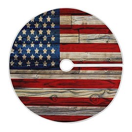 USA Flag Memorial Independence Day Christmas Tree Skirt 35.4 Inches Wood Patriotic 4th of July Stars Xmas Tree Skirts Floor Door Mat Decorations for Holiday Party Indoor Outdoor Home Office Ornaments