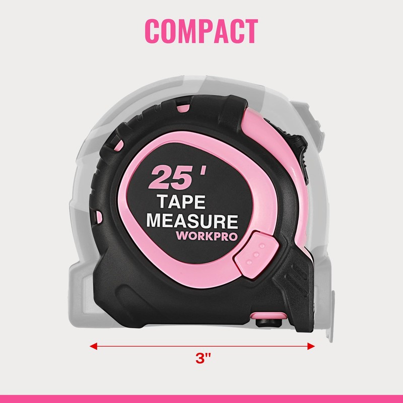 WORKPRO 25-FT Tape Measure with Fractions, 3 Brakes Retractable Measuring