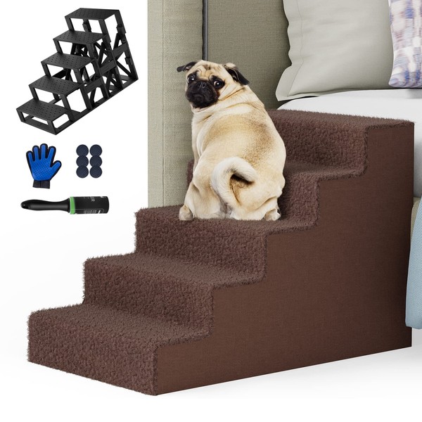 Lesnox Upgrade Plastic Dog Stairs&Steps 5 Tiers, Thickened and Widened Pet Steps for Couch, Non-Slip Dog Cat Stairs, Dog Ramp/Ladder with Washable Cover, Supports Up to 50Lbs