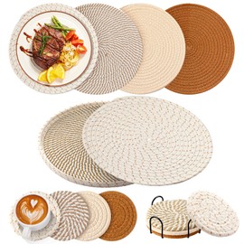 SiliFine 8 Pcs Boho Round Woven Placemat Set of 4/6/8, 11.8" Woven Cotton Rope Round Placemat with Basket, 4.3" Drink Coaster with Holder, Nonslip and Heat Resistant Place Mat for Decor (Mix Brown)