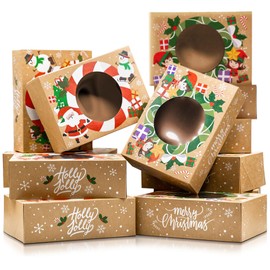 Christmas Cookie Boxes for Gift Giving - 12 Kraft Christmas Cookie Tins With Lids - Sturdy Christmas Treat Boxes, Christmas Tins - Festive Christmas Cookie Box Packaging - Cookie Boxes with Window