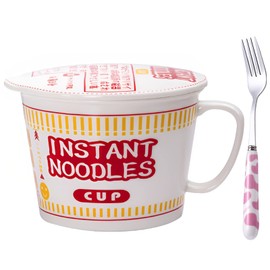 ECTbicyk 34 OZ Ceramic Ramen Bowl with Lid Instant Ramen Noodle Bowl Large Soup Bowl with Handle, Ramen bowl with Fork, Red