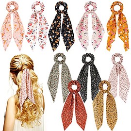 10 Scrunchies de Pelo con Cinta Bufanda de Pelo Pañuelos Florales de Gasa para Cabello Lazos para Cabello con Lazo Floral Elástico Boho Accesorios par