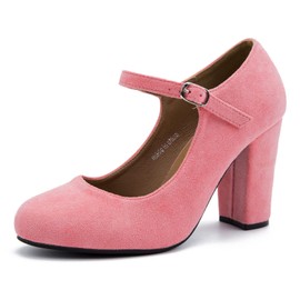 Women's Mary Jane Heels Closed Toe Chunky Heel Round Toe Block High Heel Pumps Suede Pink US 9.5