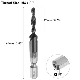 sourcing map Combination Drill and Tap Bit, Metric M4 x 0.7 Thread 1/4" Hex Shank, TiCN Coated Threading Screw Taps Spiral Flute Tapping Tool, High Speed Steel (HSS) 6542