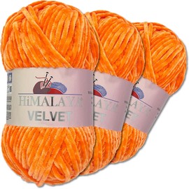 Himalaya Velvet 3 x 100 g Velvet Dolphin Wool, 40 Colours to Choose From, Chenille Knitting Yarn, Fluffy Wool, Shiny Accessory, Clothing, Blankets (90016 Pumpkin)