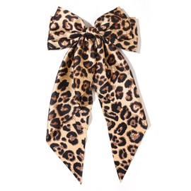 Hair Bows for Women Big Bow Hair Clips with Long Tail Hair Ribbon Satin Leopard Hair Bow Barrette for Women and Girls Ponytail Hair Accessories, Pack of 1 (Camel)
