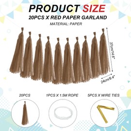 sourcing map 20Pcs Tassel Garland Banner Tissue Paper for Streamers Party Decorations, Valentine's Day Birthday Decor for Women with Rope and Tie Wire (Brown, 14.6Inch)