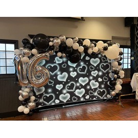 7×5ft Black Heart Photo Backdrop Early 2000s Party Decorations Old School Backdrops Valentine's Day Glitter Heart 16th 18th 30th Women Men 90s Happy Birthday Background Selfile Wall Decor