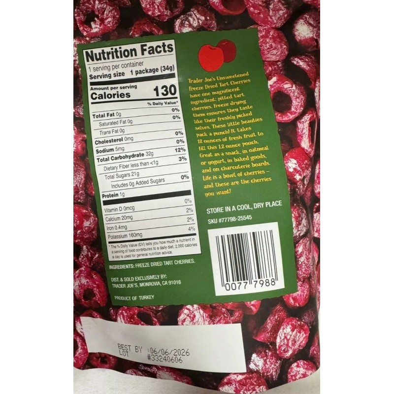Trader Joe's Organic Freeze Dried Tart Cherries Pitted 1.2 oz