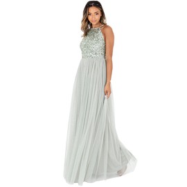 Maya Deluxe Women's Ladies Bridesmaid Maxi Dress Halter Neck Sequin Embellished Prom Graduation Wedding, Green Lily, 8
