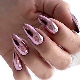 Light Pink Chrome Press on Nails Medium Almond Fake Nails with Mirror Metal Design Glossy Metallic Plating Glue on Nails Artificial Nails Reusable Stick on Nails for Coquette Women 24Pcs