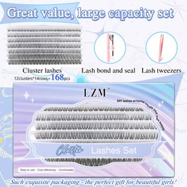 LZM Eyelash Extensions Set, 168 Pieces, Lashes Extension Set, 8-16 mm, DIY Lash Extension Set, D Curl, Natural Thin Band, Eyelash Extensions with Individual Eyelashes, Glue, Bond & Seal (LZ05-D Curl