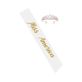 Vrogadso Miss America Sash White Satin Sash with Gold Letters With Crown Pack