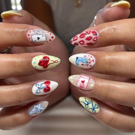 RIICFDD Cute Nails Medium Length Press on Nails Almond Shape Fake Nails Cheery Strawberry Acrylic Nails Star Bow Nails Press ons Full Cover Glossy Glue on Nails for Women Artificial Nails 24 Pcs