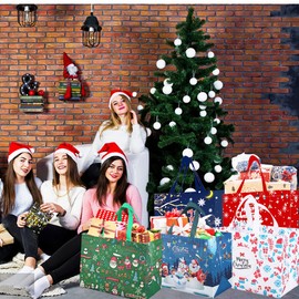 6 Pack Christmas Reusable Grocery Bag,3 Large 3 Medium Size Tote Bags with Handle, Gift Present Bag, Shopping Bag for Holiday Xmas Event Party