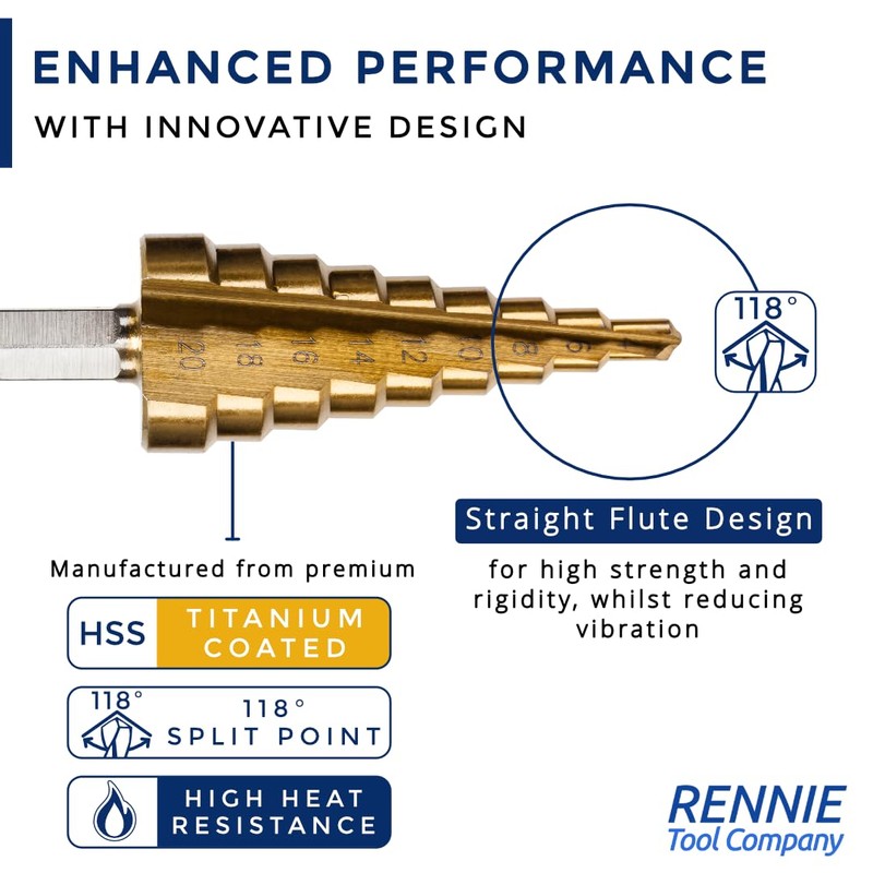 RENNIE TOOLS - 3 Piece Large HSS Step Cone Drill