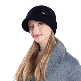 AYPOW Women's Winter Knitted Slouchy Hat with Visor, Beret Hat, Fleece Warm Winter Hat with Brim, Sweater Ear Protection Hat, Newsboy Hat, Daily Winter Outdoor Hat for Women, black