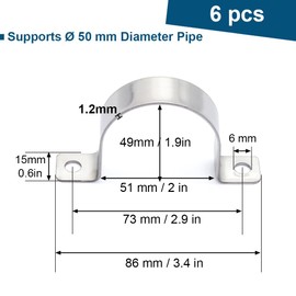 FamlTol 2 Inch Conduit Clamps Two Hole Metal Clamp Stainless Steel U Bracket Conduit Strap Tension Clips, Universal Clamp for Cylindrical Components - Fits OD 50 mm (Approx. 2") | 6 Pcs