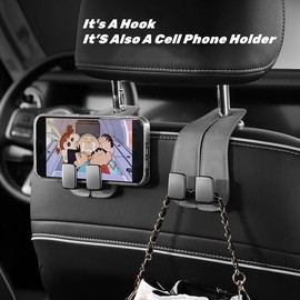 CONEATI 2-Pack Car Seat Back Double Hooks, Leather Car Seat Headrest Double Hooks and Mobile Phone Holder, Automotive Seat Back Organizers Mobile Phone Support Car Headrest Hooks for Purses and Bags
