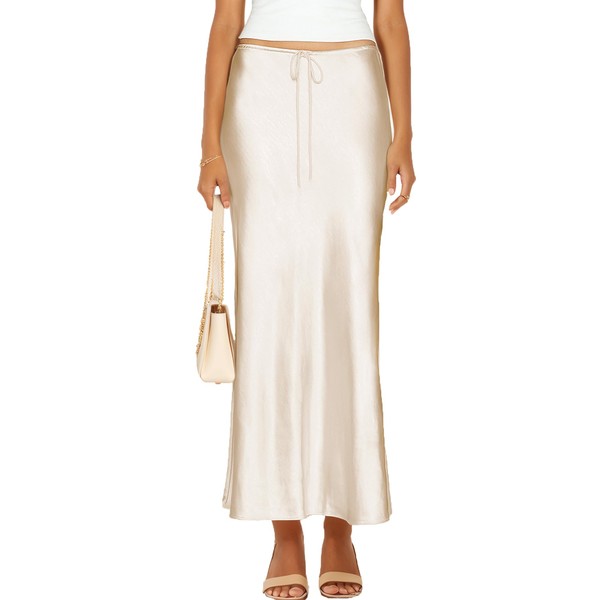 Skrtimory Womens Satin Silk Maxi Skirts Drawstring Flared Casual A-Line