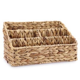 BSTKEY Water Hyacinth Desk Organizer, Hand Woven Magazine Mail Sorter with 4 Compartments, Wicker Desktop Stationery Holder Storage Basket for Home Office
