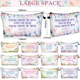 Chunful 12 Pcs Inspirational Christian Gifts Religious Makeup Bags Bulk for Women Bible Verse Flower Cosmetic Bag Mother's Day Gift for Church Ladies Student Office, 7.48 x 4.72 Inch(Classic)