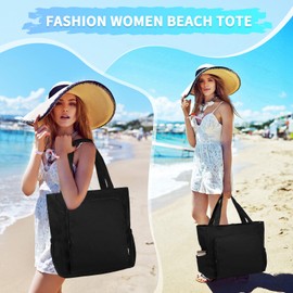 Chase Chic Beach Bag with Zip, Large Waterproof Sandproof Summer Swimming Pool Bath Bag Women, Fashionable Shopper Handbag for Travel, black