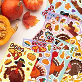 ANWUZING 24 Sheets Thanksgiving Turkey Stickers for Kids, Make A Face Sticker, Make Your Own Turkey DIY Stickers Autumn Fall Harves Party Favors Games Stickers Thanksgiving Decorations Gift