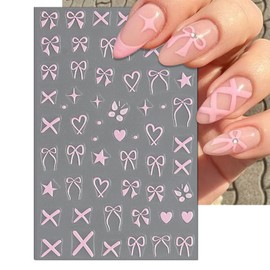 IDDFEVE Bow Nail Art Stickers - Valentines Day Pink Heart Bow Self-Adhesive Nail Decals for DIY Star Manicure (4 Sheets)