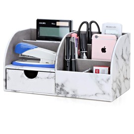 KINGFOM Pu Leather Desk Organizer Pen Pencil Holder Office Supplies Caddy Storage Box 6 Compartments with Drawer Gray Marble