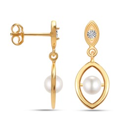 LeCalla 925 Sterling Silver 14K Gold Plated Lightweight Italian Design 0.01 Carat Diamond Pearl Small Drop Dangle Stud Earrings for Women 24 MM