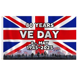 VE Day Flag 80th Anniversary Flag, 5'x3' (150x90cm) World War II Anniversary Flag UK Flag for Indoor/Outdoor, Vivid Color and UV Fade Resistant with Brass Grommets Flags