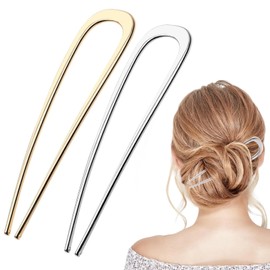 2Pcs Metal French Hair Pin U-Shaped Large Hair Pins 2 Prong Hair Fork French Twist Stick for Women(Silver&Gold)