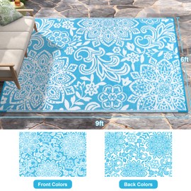 Findosom Waterproof Outdoor Rug 6' x 9' - Reversible Mandala Outdoor Plastic Straw Rug, Durable Foldable Patio Rug for RV, Deck, Balcony, Backyard, Picnic, Porch, Camping, Beach, Blue